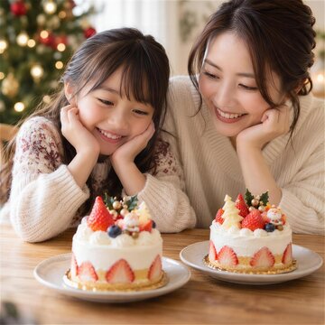 二つの小さなクリスマスケーキを見て微笑む母と娘