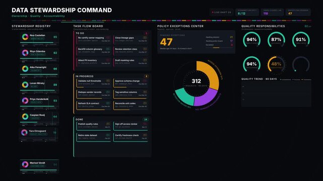 Experience a dynamic and engaging Data Stewardship Dashboard showcasing ownership, tasks, policy exceptions, and quality responsibilities for effective team operations.