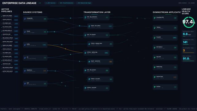 Visual representation of an enterprise data lineage dashboard featuring source systems, transformations, and downstream applications in a sleek dark mode interface with vibrant accents.