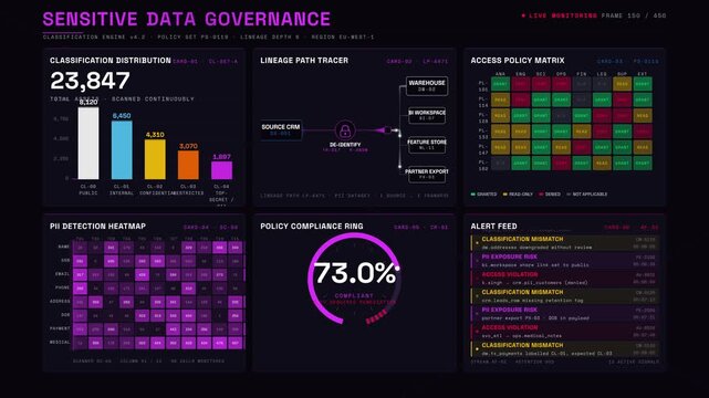 Explore the intricate design of a Sensitive Data Governance Dashboard featuring classifications, policies, access paths, and lineage in a dark crimson security theme.