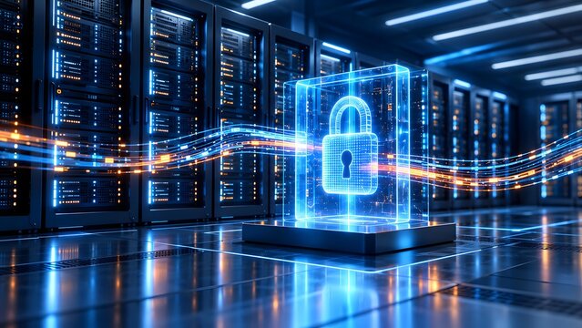 Glowing digital padlock icon floating in modern data center aisle with high speed fiber optic data streams representing secure server hosting and cyber defense