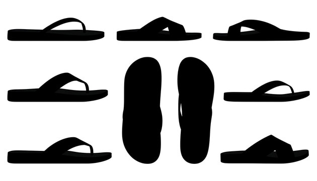 Diverse Black Sandal Flip Flop and Slide Footwear Silhouette Vector Set.