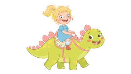 Cute little blonde girl riding a friendly green stegosaurus dinosaur vector illustration isolated on a clean white background © moinul