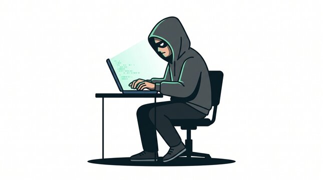 Hooded hacker working on a laptop at desk