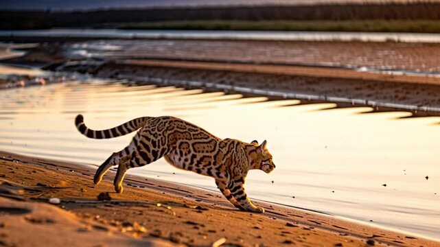 Wild ocelot standing alert on a sandy riverbank during golden hour