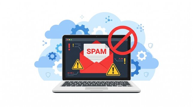 Laptop blocking spam email with warning symbols