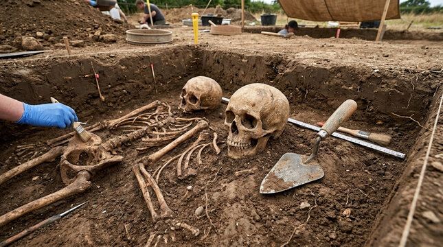 Archaeological Dig Unearths Ancient Human Skeletons and Skulls in Earthy Soil Revealing Past Life