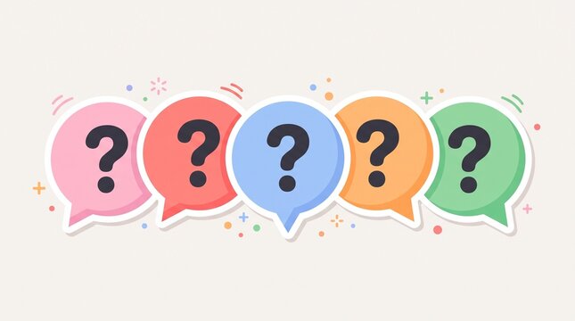 Five colorful question mark speech bubbles