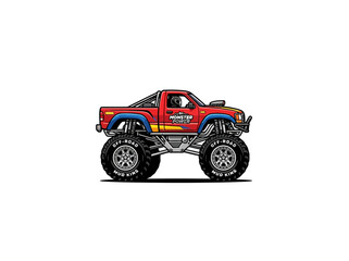 Red And Blue Lifted Monster Truck With Oversized Off Road Tires Exposed Suspension And Pickup Body © Reynaldo Pradana 