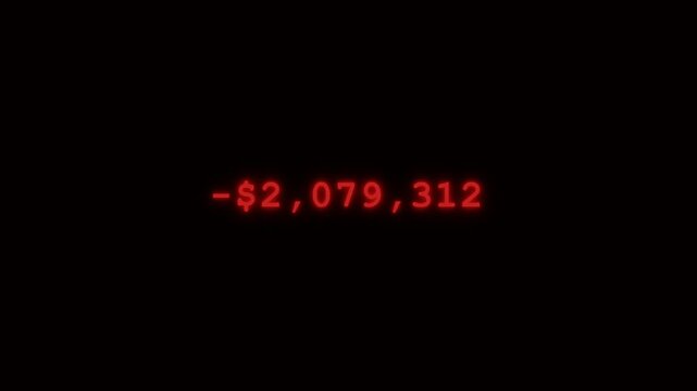 Red glowing digital negative dollar counter numbers decreasing on alpha channel