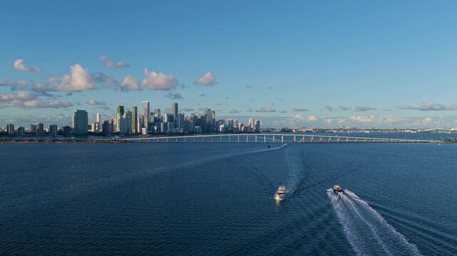 Rickenbacker Causeway Powell Bridge, footage. Aerial view on Powell Bridge Rickenbacker Causeway over Miami with urban cityscape. Powell Bridge part of Rickenbacker Causeway with city skyline