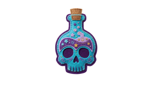 Colorful Skull-Shaped Bottle Cap, featuring decoration, craft, arts and crafts, felt, halloween, spooky, decorative item, unique design, purple, turquoise