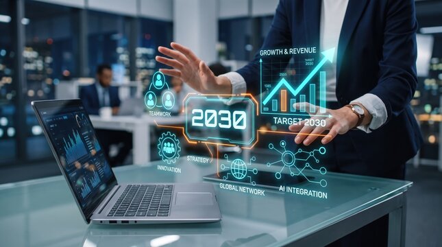 Executive presenting futuristic business strategy for 2030 with holographic projections of growth targets, global network connectivity, teamwork collaboration and artificial