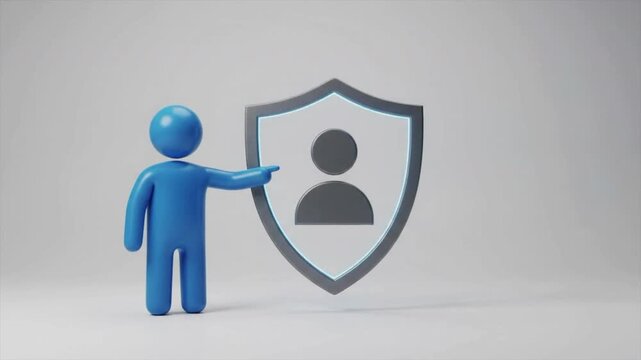 3D Blue Character Pointing at Security Shield User Icon
