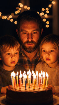A father with his young son and daughter looking with wonder at a glowing birthday cake filled with burning candles in a dark, cozy room.