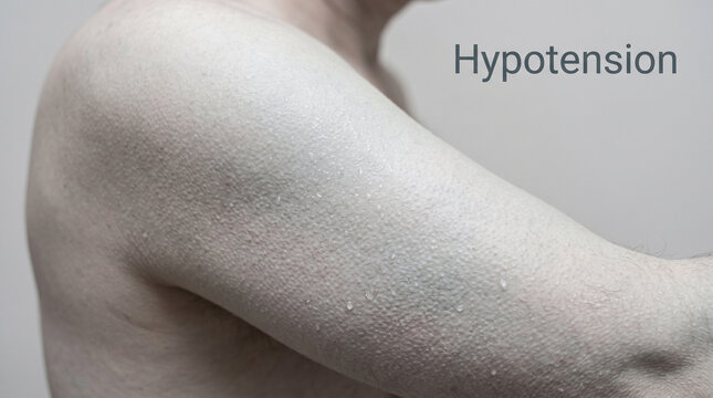 Pale sweaty arm with goosebumps representing medical condition of low blood pressure and hypotension