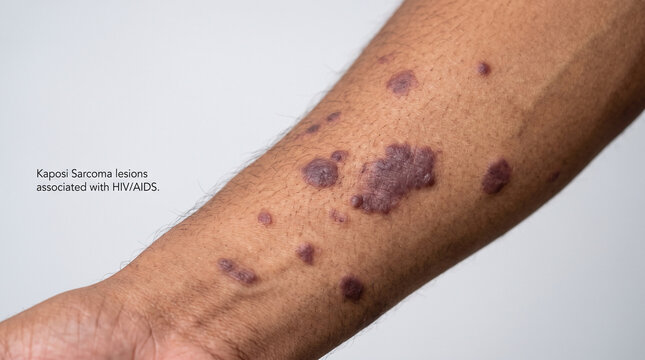 Kaposi sarcoma skin lesions visible on human arm associated with HIV AIDS medical condition