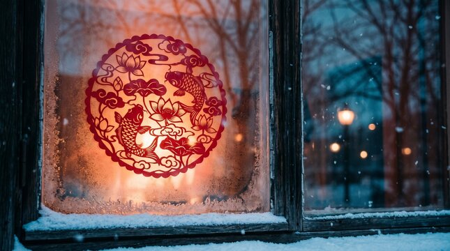 Paper cutting art window decoration for Lunar New Year with warm glow and snowy background