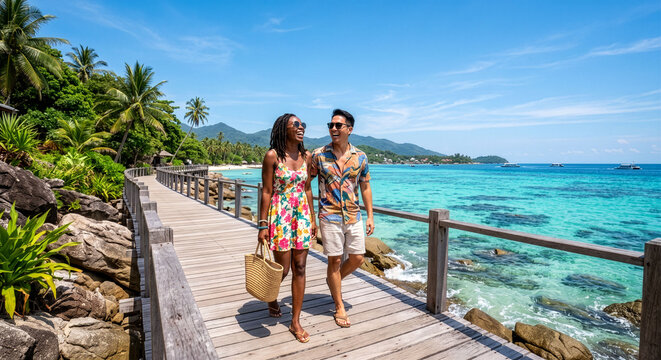 Summer vacation and beach travel: cheerful multicultural group enjoying coastal holiday