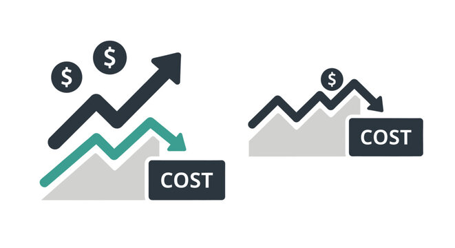 Modern vector infographics with rising and falling trend arrows and cost labels, concept for budget optimization, ideal for corporate financial reports and business presentations.