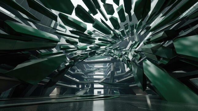 Dark green geometric shards and floating crystalline fragments suspended in a large industrial hall with a bright light source in the center