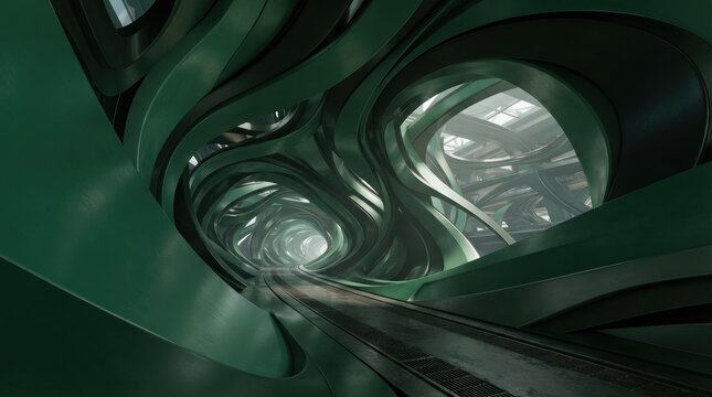 Dark green fluid tunnel with curved organic walls and a smooth path leading into a bright glowing light source in a futuristic environment