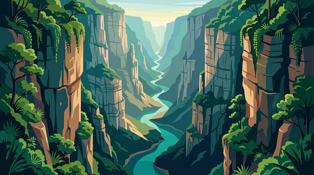 Stunning vector illustration of a deep canyon with a winding river and lush green cliffs