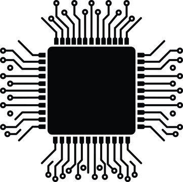 Black CPU microchip circuit board icon symbol for digital technology hardware engineering and computer electronics processor isolated