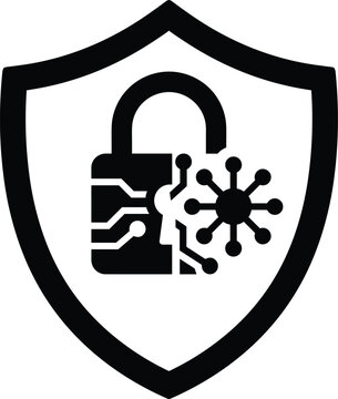 Black cybersecurity shield icon with unlocked digital padlock and virus symbol representing malware threat vulnerability defense isolated