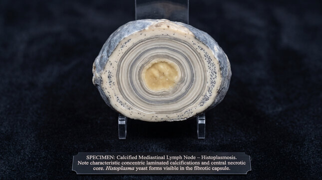 Calcified mediastinal lymph node anatomical specimen showing concentric laminated calcifications with central necrotic core