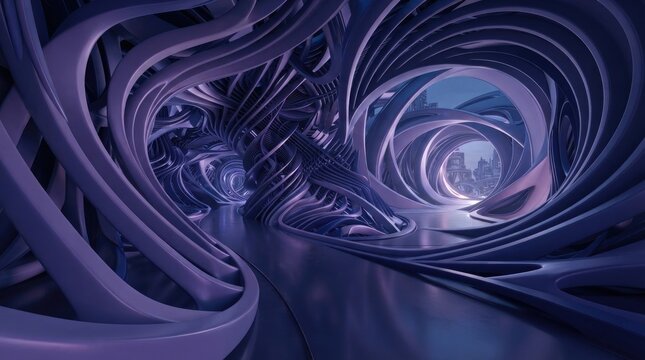 Futuristic dark corridor with flowing organic metallic structures and glowing light portals creating a deep, immersive sci-fi tunnel environment
