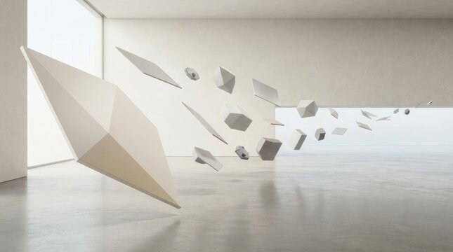 Minimalist interior space with floating white geometric solids including pyramids, cubes, and flat planes suspended in a bright white room