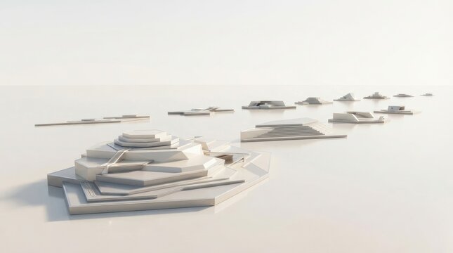 Minimalist white architectural models of stepped pyramidal structures arranged in a line on a bright white surface with soft light shadows