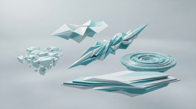 Set of floating light blue and white geometric shapes, including sharp shards, a circular disc, and a layered platform on a light background