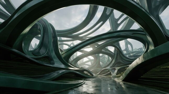 Organic architectural structure with flowing green curved beams and a wet ground surface under a cloudy sky in a futuristic outdoor setting