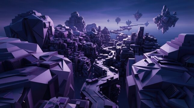 Surreal landscape with purple geometric mountains and floating rock formations connected by a winding path under a dark twilight sky