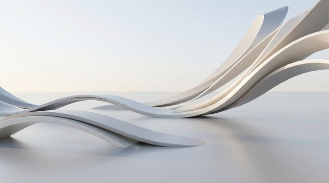 Smooth white curved ribbons flowing in a minimalist space with soft lighting and gentle shadows on a clean light grey floor surface area