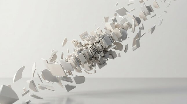 White abstract geometric shapes shattering and exploding into fragments against a clean light grey background, with soft shadows, and depth