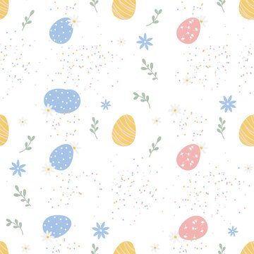 Easter seamless pattern with pastel eggs flowers and confetti on white background