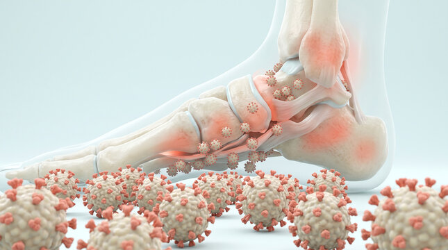 Detailed anatomical foot skeleton showing inflammation and viral infection attacking human joints and bones