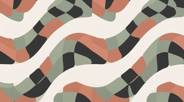 Seamless abstract pattern with wavy interlocking shapes in muted terracotta, sage green, and dark charcoal on a light cream background