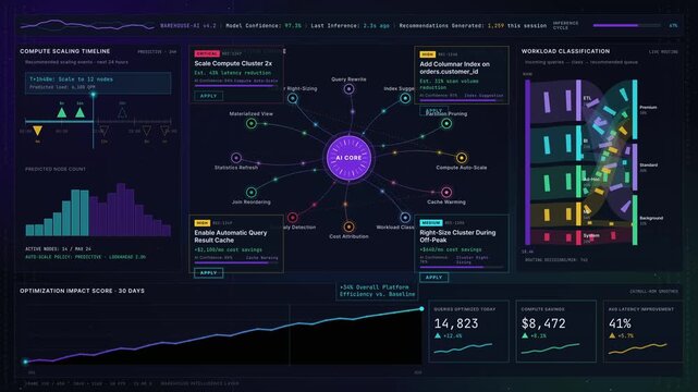 An AI-powered warehouse optimization dashboard featuring dynamic visualizations for compute scaling and workload improvement recommendations in a cosmic ambiance.