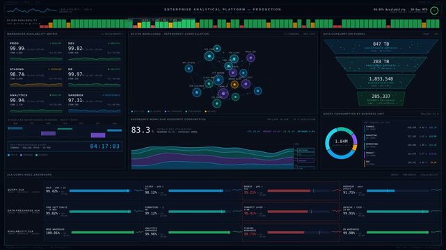 A sophisticated enterprise analytical platform dashboard showcasing warehouse availability, workloads, and data consumption metrics in a visually engaging 4K design.
