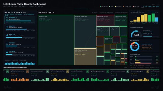 Explore a modern Lakehouse Table Health Dashboard showcasing optimization jobs, freshness metrics, and storage efficiency with a sleek dark aesthetic and vibrant color coding.