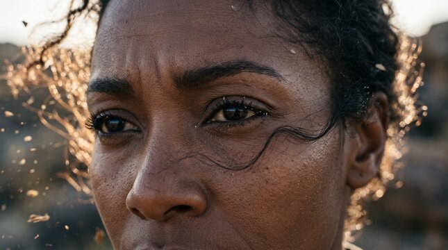 Close-Up of Woman Enduring Dusty Windstorm with Blowing Hair