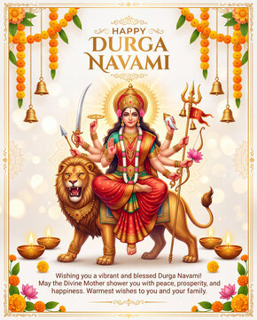 Happy Durga Navami festive greeting card design featuring Goddess Durga with weapons sitting on a roaring lion, decorated with hanging marigold flowers, brass bells, and burning diya lamps.