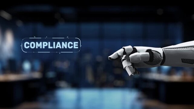 A futuristic robotic hand points to various compliance concepts in a modern office setting, highlighting the importance of governance, regulation, and transparency in digital processes. Synapse