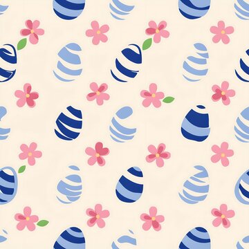 Seamless easter pattern with blue striped eggs and pink flowers on cream background