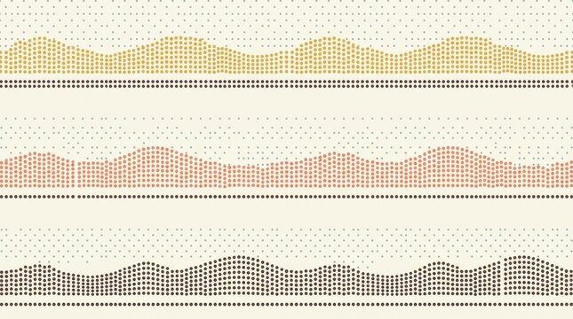 Seamless pattern with three horizontal rows of dotted wavy lines in muted mustard, terracotta, and dark brown on a light cream background