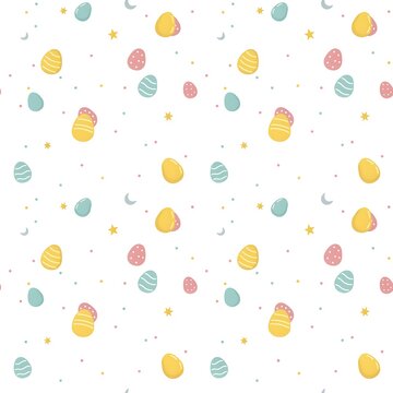 Seamless easter pattern with colorful eggs, stars, and moons on a white background